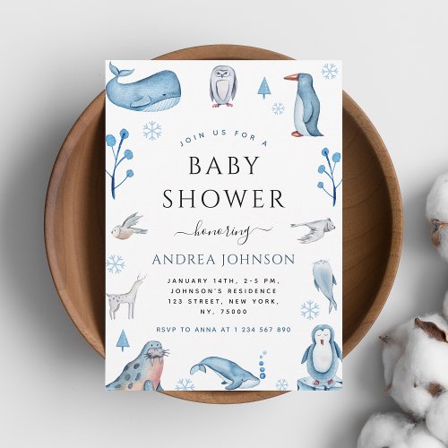 Watercolor Arctic Animals Winter Xmas Baby Shower Invitation