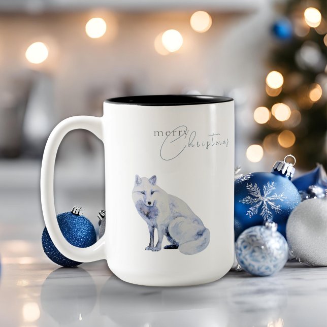 Watercolor Arctic Fox Merry Christmas  Two-Tone Coffee Mug (Creator Uploaded)