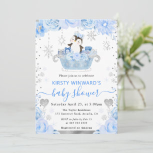 Watercolor Arctic Penguin Floral Baby Shower Invitation