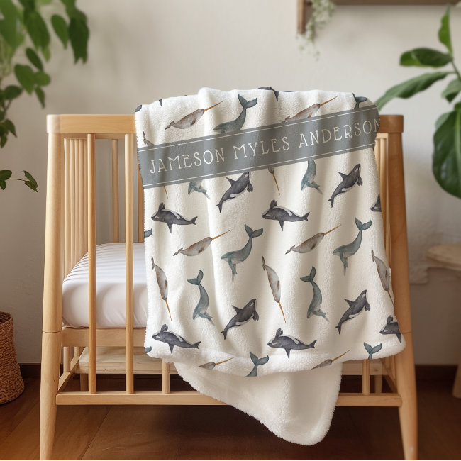 Watercolor Arctic Whales Pattern | Monogram Sherpa Blanket