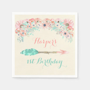 Watercolor Arrow Feathers Flowers Pink Peach Mint Paper Napkins