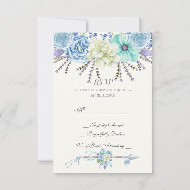Watercolor Arrows Feathers Floral Boho Tribal RSVP Card (Front)