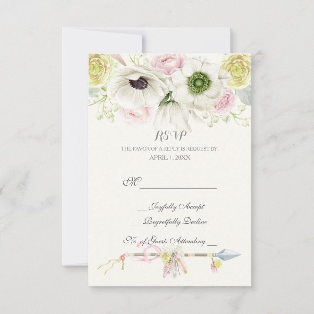 Watercolor Arrows Feathers Floral Boho Tribal RSVP Card (Front)