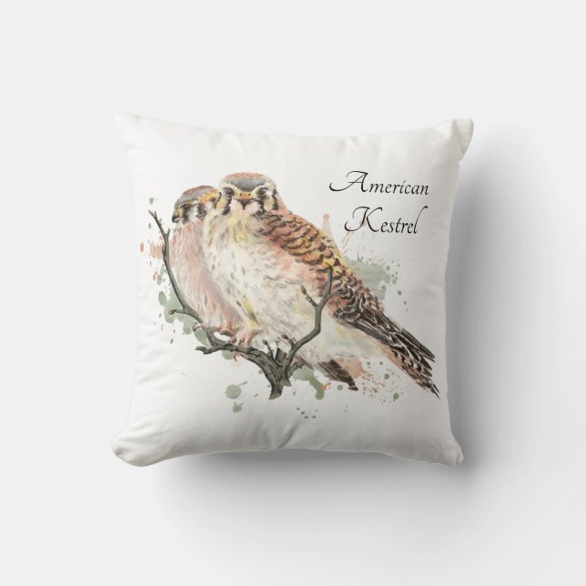 Watercolor Art  Birding Kestrel Couple Throw Pillow (Front)