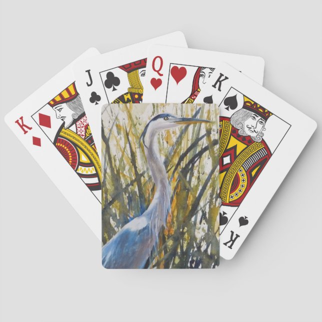 Watercolor Art Blue Heron In Tall Grass  Poker Cards (Back)