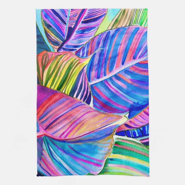 Watercolor art canna tropical leaves  kitchen towel (Vertical)