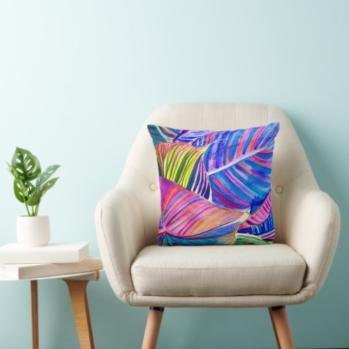 Watercolor art canna tropical leaves  throw pillow