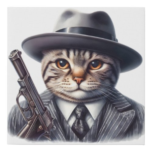 Watercolor Art Cat in Suit Tie Jacket and Hat  Faux Canvas Print