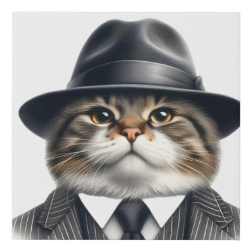 Watercolor Art Cat in Suit Tie Jacket and Hat  Faux Canvas Print