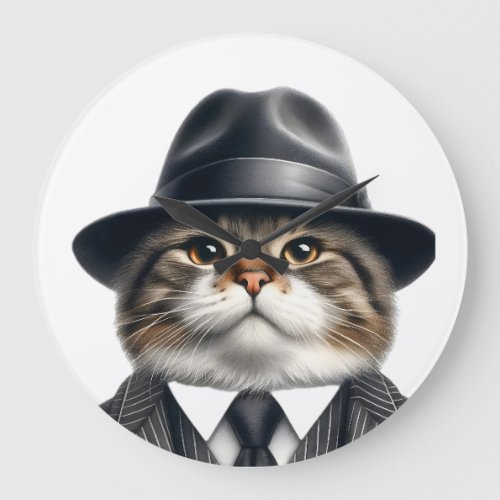 Watercolor Art Cat in Suit Tie Jacket and Hat  Large Clock