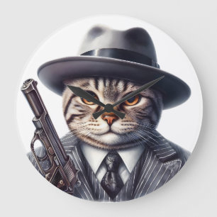 Watercolor Art Cat in Suit Tie Jacket and Hat Large Clock