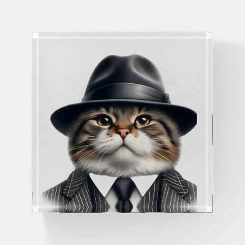 Watercolor Art Cat in Suit Tie Jacket and Hat  Paperweight