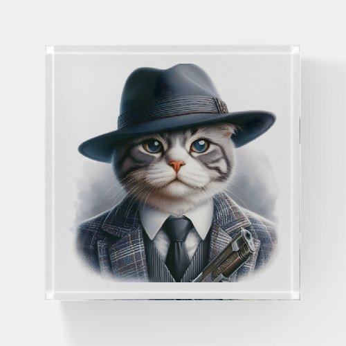 Watercolor Art Cat in Suit Tie Jacket and Hat  Paperweight