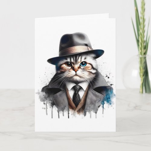 Watercolor Art Cat in Suit Tie Jacket Hat Splatter Card