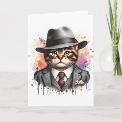 Watercolor Art Cat in Suit Tie Jacket Hat Splatter Card