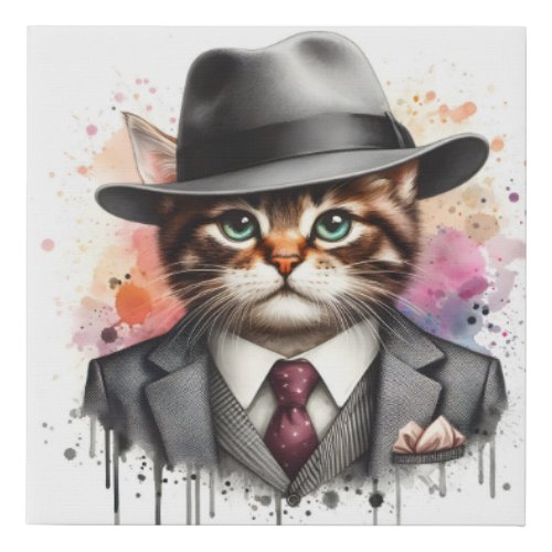 Watercolor Art Cat in Suit Tie Jacket Hat Splatter Faux Canvas Print