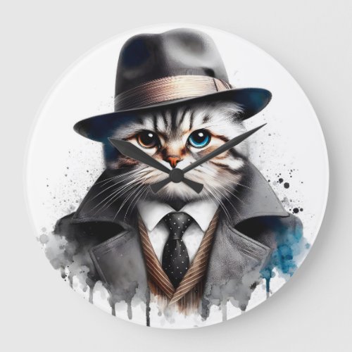 Watercolor Art Cat in Suit Tie Jacket Hat Splatter Large Clock