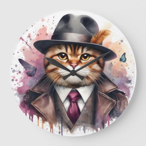 Watercolor Art Cat in Suit Tie Jacket Hat Splatter Large Clock