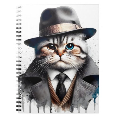Watercolor Art Cat in Suit Tie Jacket Hat Splatter Notebook