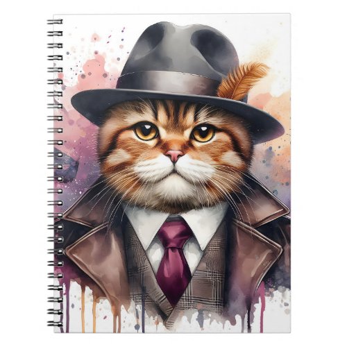 Watercolor Art Cat in Suit Tie Jacket Hat Splatter Notebook