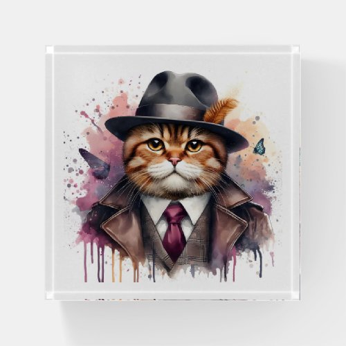 Watercolor Art Cat in Suit Tie Jacket Hat Splatter Paperweight