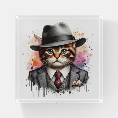 Watercolor Art Cat in Suit Tie Jacket Hat Splatter Paperweight