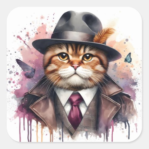 Watercolor Art Cat in Suit Tie Jacket Hat Splatter Square Sticker