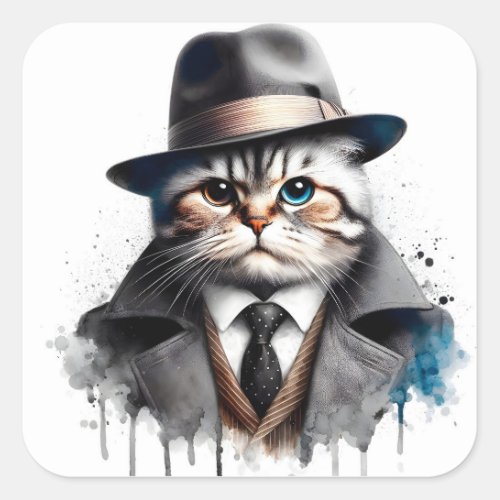 Watercolor Art Cat in Suit Tie Jacket Hat Sticker