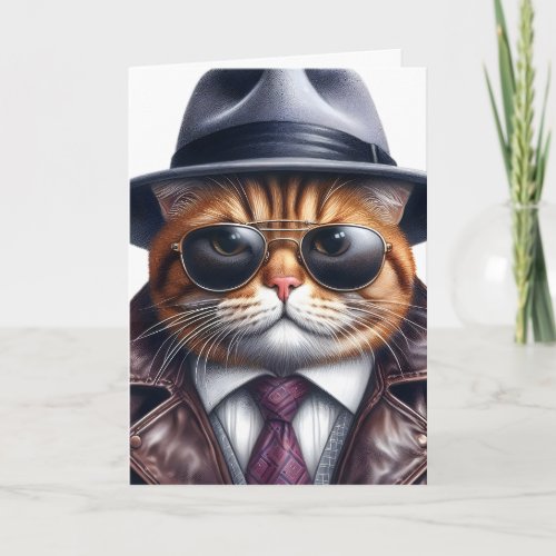 Watercolor Art Cat Suit Tie Jacket Hat Sunglasses Card