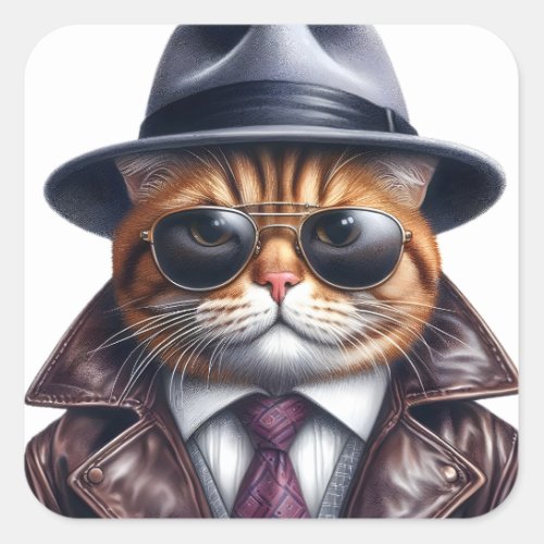 Watercolor Art Cat Suit Tie Jacket Hat Sunglasses Square Sticker