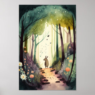 Watercolor art cute animal in magical forest  poster