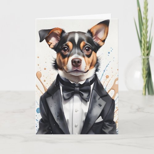 Watercolor Art Cute Dog Tuxedo Black Bow Tie Card
