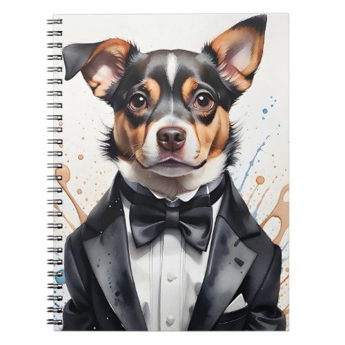 Watercolor Art Cute Dog Tuxedo Black Bow Tie Notebook