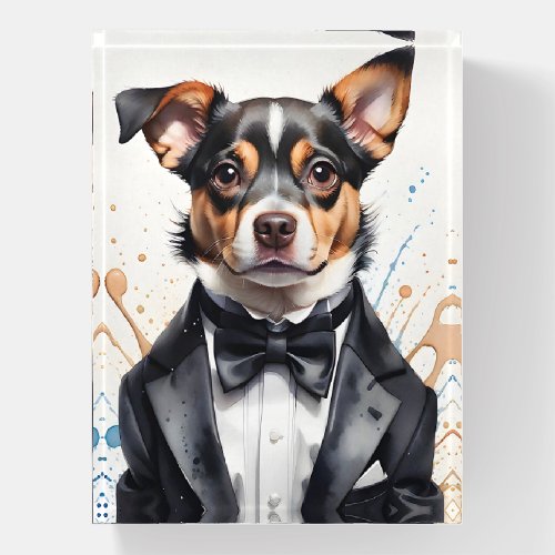 Watercolor Art Cute Dog Tuxedo Black Bow Tie Paperweight