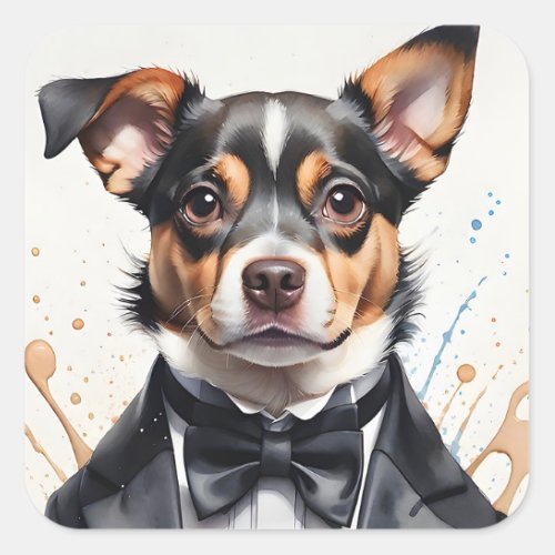 Watercolor Art Cute Dog Tuxedo Black Bow Tie Square Sticker