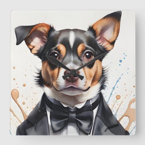 Watercolor Art Cute Dog Tuxedo Black Bow Tie Square Wall Clock