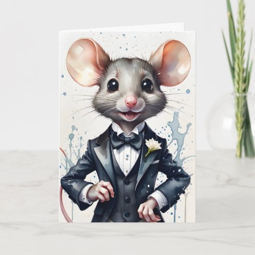 Watercolor Art Cute Mouse Tuxedo Black Bow Tie  Card