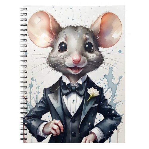 Watercolor Art Cute Mouse Tuxedo Black Bow Tie  Notebook