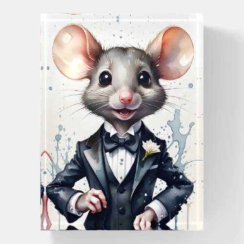 Watercolor Art Cute Mouse Tuxedo Black Bow Tie  Paperweight