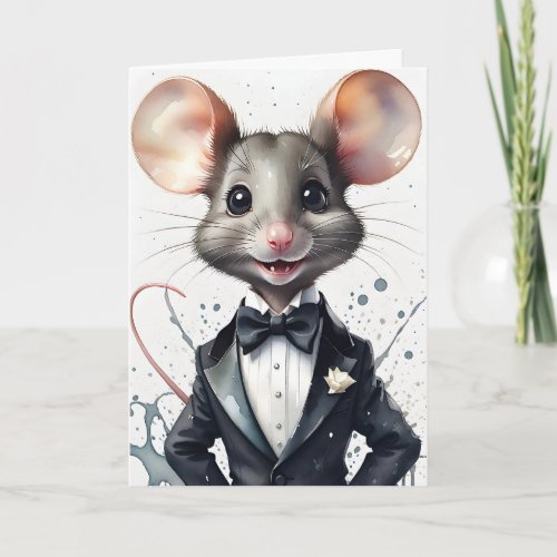 Watercolor Art Cute Mouse Tuxedo Black Tie Flower  Card
