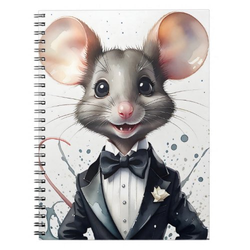 Watercolor Art Cute Mouse Tuxedo Black Tie Flower  Notebook