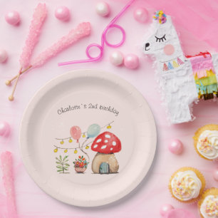 Watercolor Art Cute Mushroom and Flowers Paper Plates