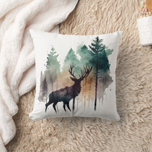Watercolor Art Deer in Forest Trees Nature  Throw Pillow