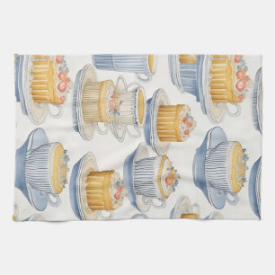 Watercolor art. Fancy desserts. Cute tea cup towel