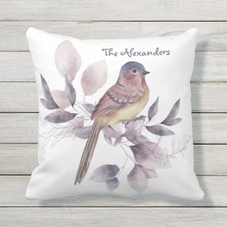 Watercolor Art Garden Leaf Bird Monogrammed White Outdoor Pillow