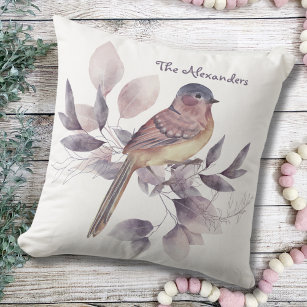 Watercolor Art Garden Leaf Bird Monogrammed White Outdoor Pillow