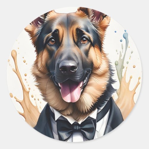 Watercolor Art German Shepherd Tuxedo Black Tie Classic Round Sticker