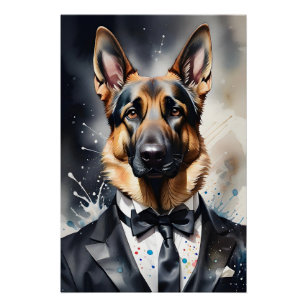 Watercolor Art German Shepherd Tuxedo Black Tie Poster