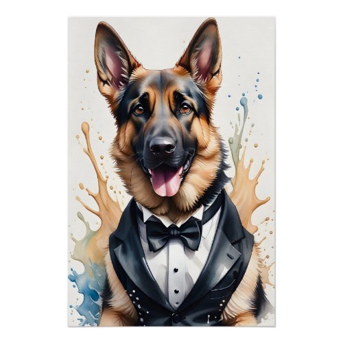 Watercolor Art German Shepherd Tuxedo Black Tie Poster