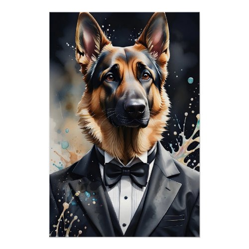 Watercolor Art German Shepherd Tuxedo Black Tie Poster